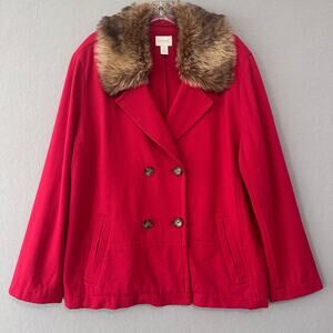 Chicos Red Double Breasted Pea Coat Blazer with Removable Faux Fur Collar XXL